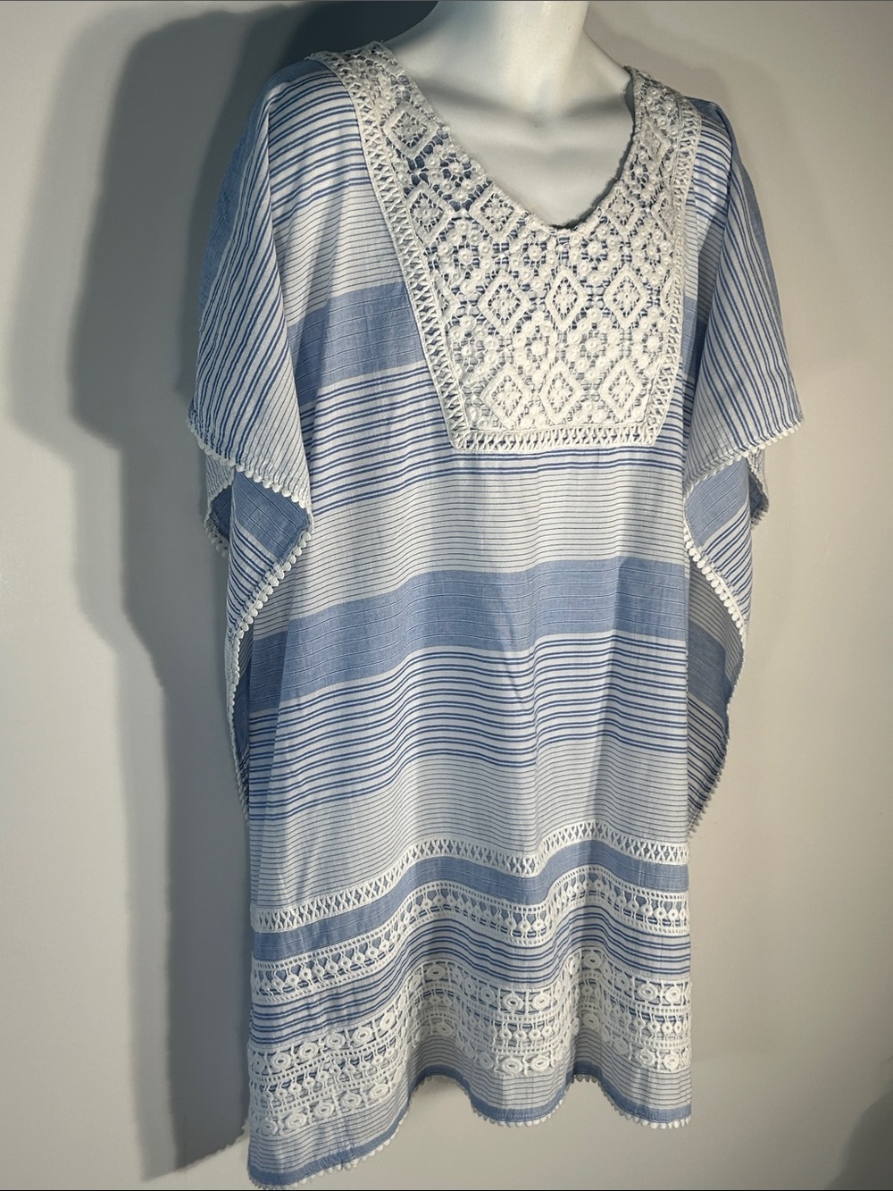 Democracy SZM Blue & White Stripe Crochet Lace Tunic/Dress/Coverup Boho Beach